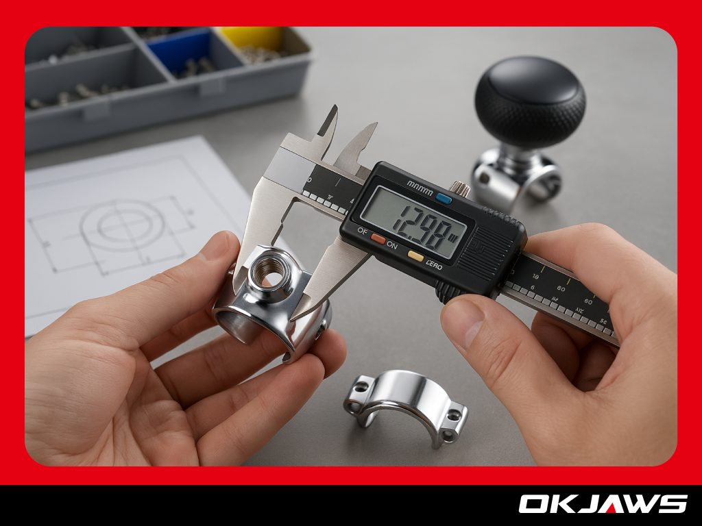 A simple inspection process using a vernier caliper to measure the dimensions of semi-finished and finished steering wheel knobs, verifying their conformity with the design