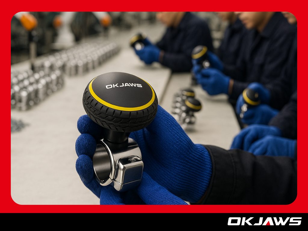 OKJAWS technicians at the Taiwan factory assemble zinc alloy steering wheels, showcasing the company’s precision ODM/OEM manufacturing capabilities.