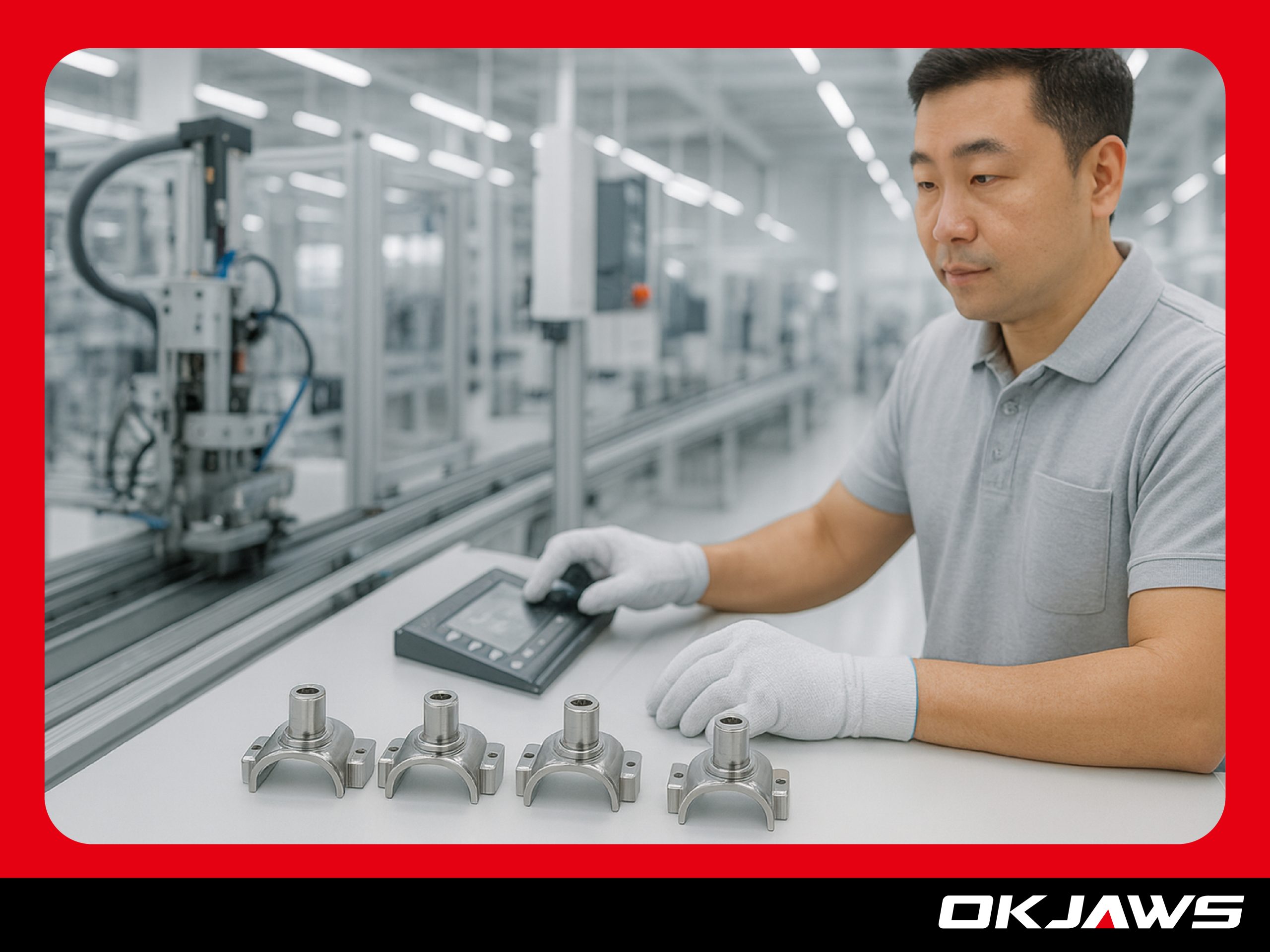 A clean and bright OEM manufacturing line with a technician wearing gloves operating equipment, surrounded by neatly arranged metal components and modern machinery, representing a transparent and reliable production process.