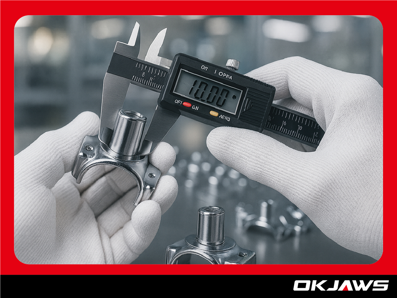 QC technician measuring the zinc alloy base and bearing precision of an OEM steering wheel spinner, highlighting OKJAWS’ high-quality manufacturing standards.