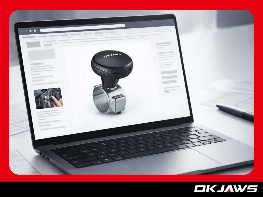 Laptop mockup showing a steering knob product page with staged images for Amazon listing conversion optimization