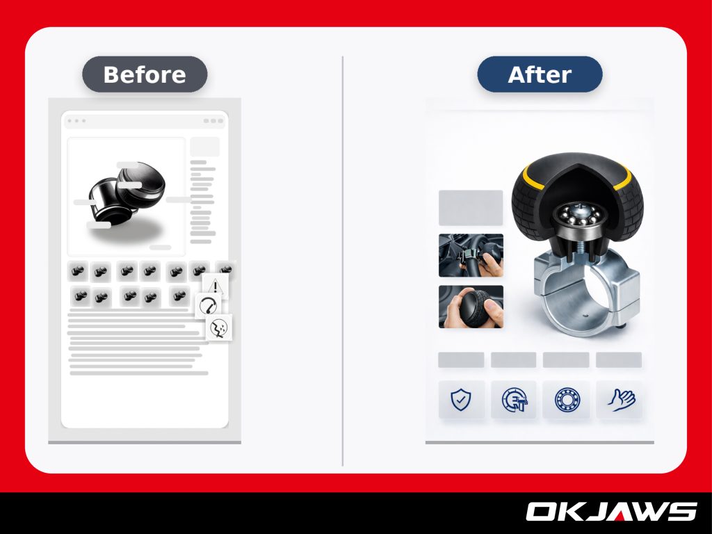 Before-and-after comparison of a steering knob listing layout illustrating benefit-first copy that reduces buyer objections