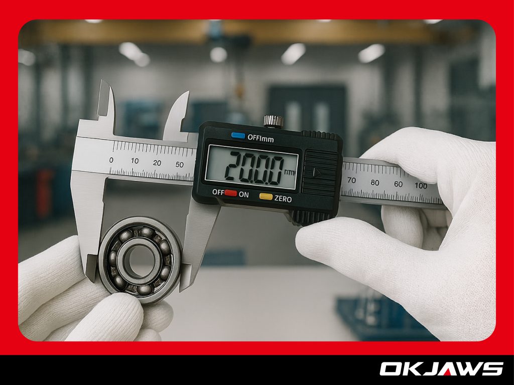 Gloved technician using a digital caliper to measure a small metal bearing component in a clean QC laboratory, ensuring tight tolerances for smooth steering wheel knob performance