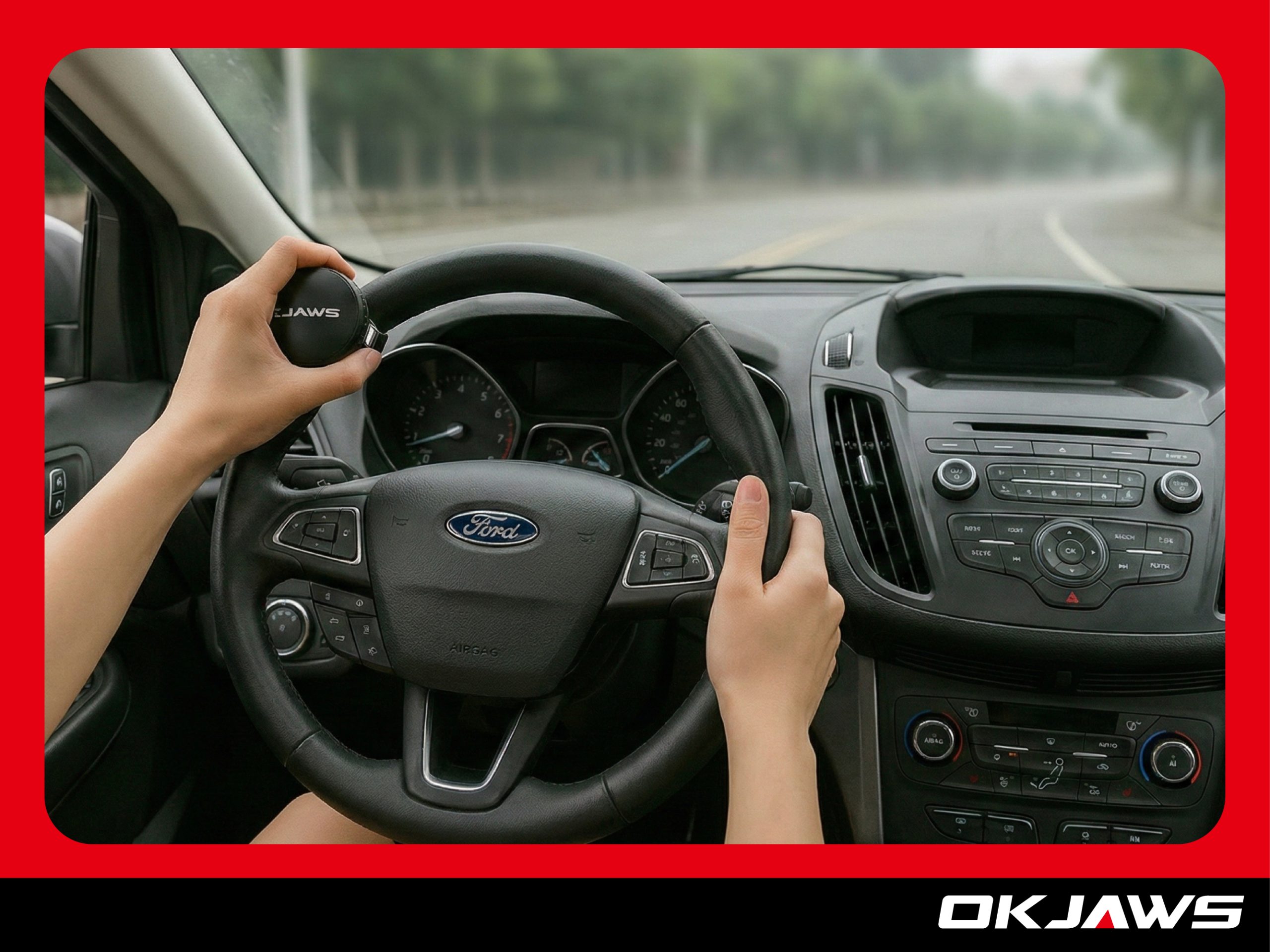 Driver’s hand gripping a precision bearing steering wheel knob on a car steering wheel, showing smooth and effortless steering control on the road