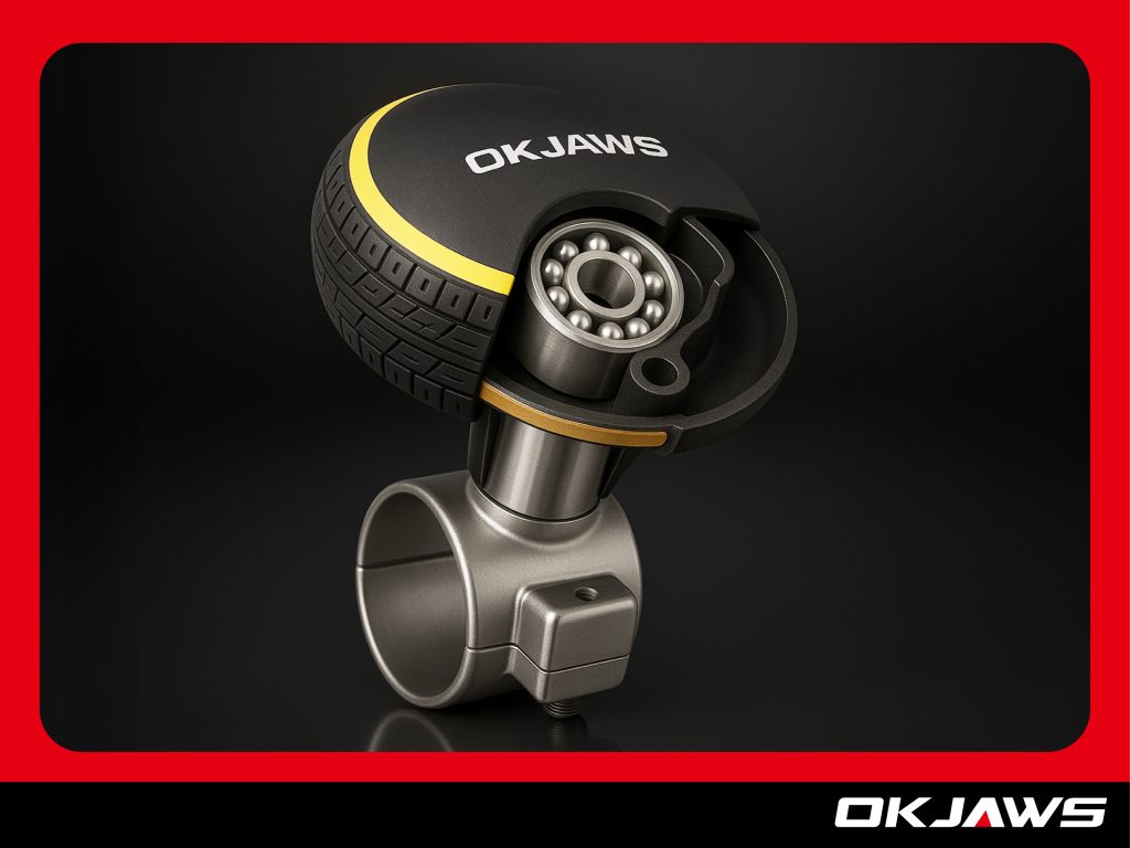 Technical cross-section view of a steering wheel knob showing the internal precision ball bearing structure with inner and outer races, metal housing, and ergonomic outer grip