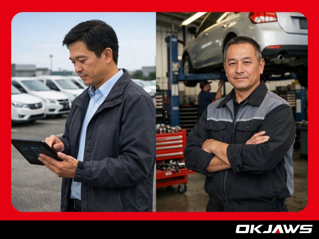 Fleet manager reviewing vehicle data in a parking area alongside a maintenance supervisor working inside a repair facility, representing stable fleet operations and efficiency management