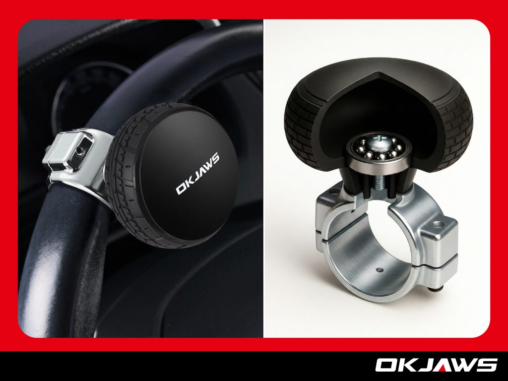 Installed steering wheel knob on a steering wheel alongside an internal cutaway view showing the hidden precision bearing structure