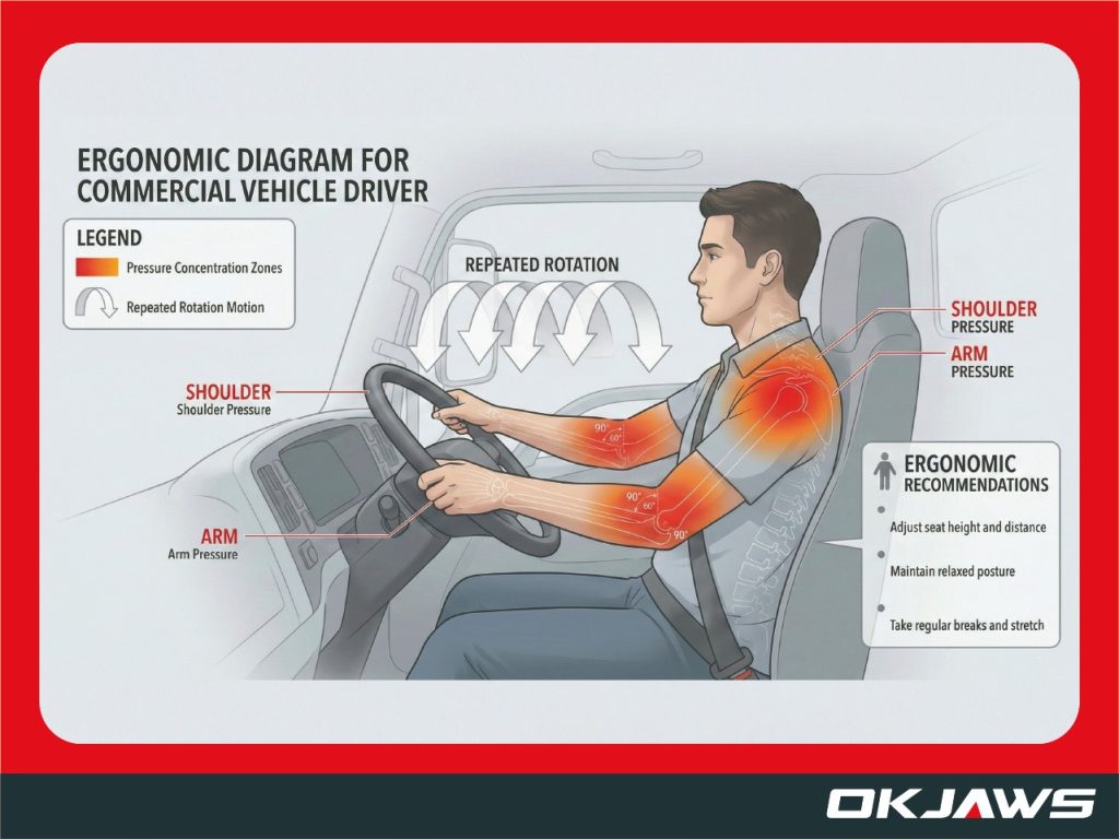 Infographic illustrating shoulder strain and fatigue caused by repetitive steering for commercial fleet drivers