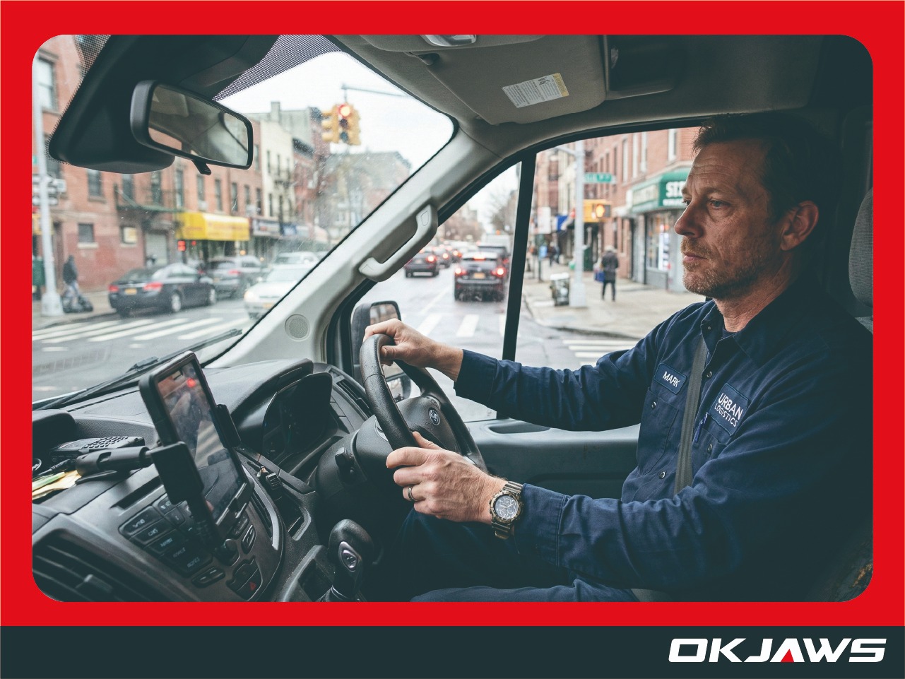 Commercial fleet driver operating a delivery vehicle during long driving hours showing driver ergonomics challenges