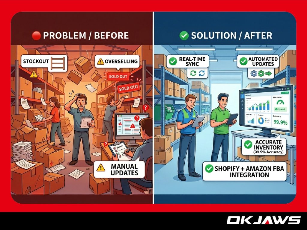 Comparison of inventory sync problems and automated solutions in Shopify and Amazon FBA showing real time inventory management improvements