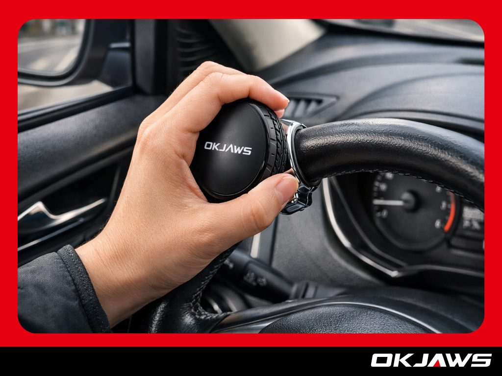 driver using steering wheel spinner knob for easier steering control