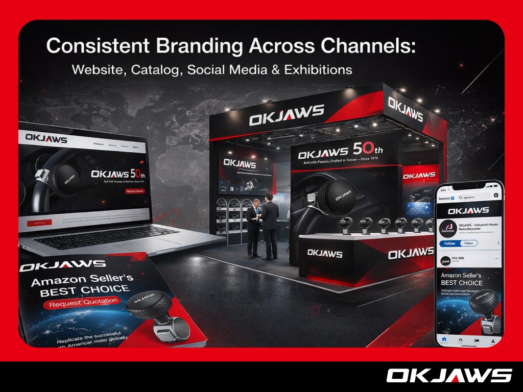 Consistent automotive B2B brand visuals across website, digital catalog, trade show, and business marketing channels