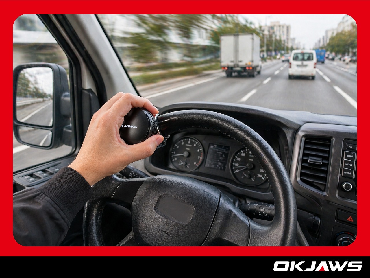 commercial vehicle driver using steering wheel spinner knob for improved control and comfort