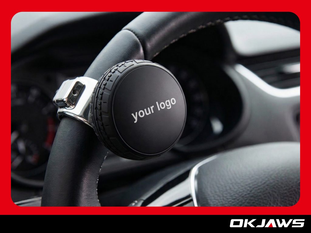 Custom logo steering wheel spinner knob installed on a car steering wheel showing private label branding detail