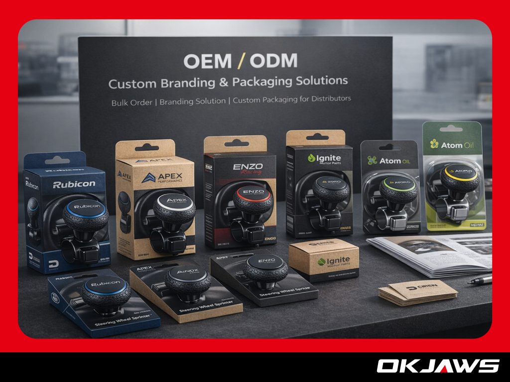 OEM steering wheel spinner knob customization with grip base and packaging options for ODM branding solutions