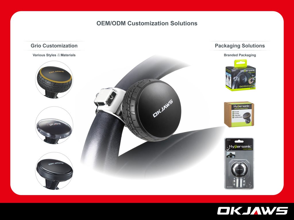 Custom branded steering wheel spinner knobs with private label packaging prepared for OEM and distributor projects