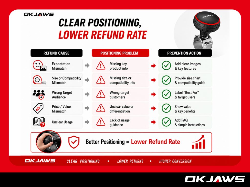 Infographic showing refund causes, product positioning problems, and prevention actions to reduce e-commerce return rates.